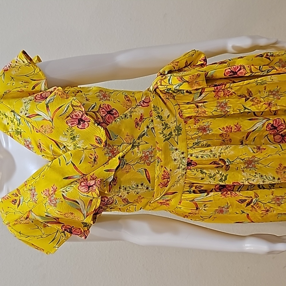 Sofia Womens Yellow Maxi Dress  Floral Short Sleeve Ruffle Size S - Picture 9 of 12